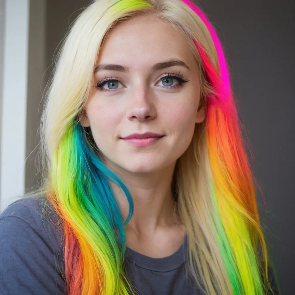 Prompt: blonde neon rainbow long hair the Chester cat and Alice