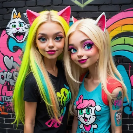 Prompt: Cartoon attitude  characture graffitti blonde neon rainbow long hair the Chester cat and Alice  