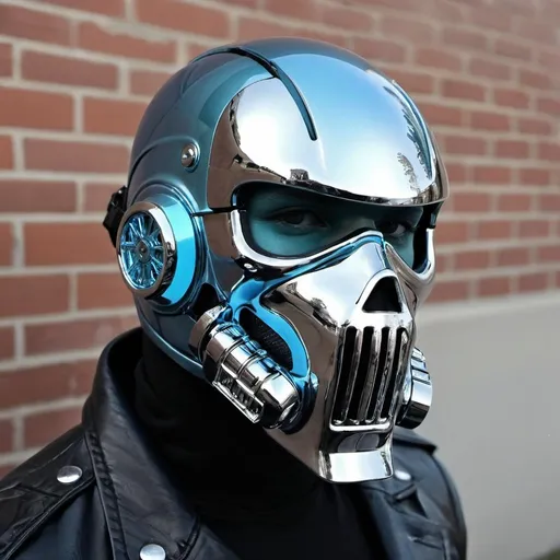 Prompt: Gangster light blue chrome face helmet mask creative custom Cyber punk The perfect man matching harley davidson