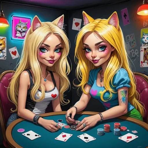 Prompt: Graffitti Cartoon attitude characture graffitti blonde neon rainbow long hair the Chester cat and Alice plating a game of poker 