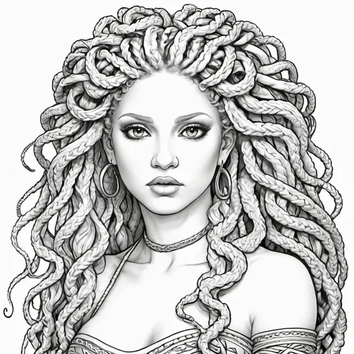 Prompt: Coloring page medusa microbraided blonde hair 