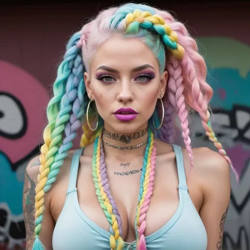 Prompt: Pastel graffiti gangster character revealing extra lasrge cleavage with rainbow pastel microbraided hair and full lips