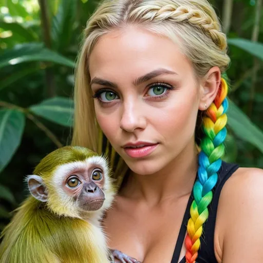 Prompt: Blonde female rainbow microbraided hair revealing extra large cleavage full lips green eyes and carrying a baby spider monkey  