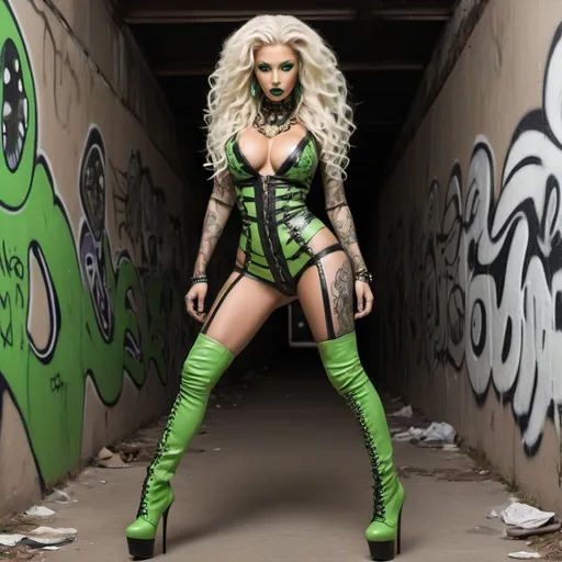 Prompt: medusa hair long exotic blondish with extra large cleavage small waist big rear end and tattoos thigh high heel boots graffiti green white and black leather snak skin designer exotic lace outfit with a ectraterestrial alien black wallbackround with graffitti