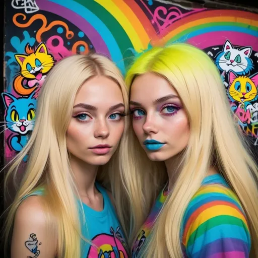 Prompt: Cartoon attitude  characture graffitti blonde neon rainbow long hair the Chester cat and Alice on lsd