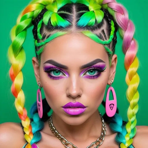 Prompt: Pastel graffiti gangster character green eyes revealing extra large cleavage with rainbow pastel microbraided hair and full lips designer unique loud makeup bold adorn sedusa dont mess with me on a solid green backround