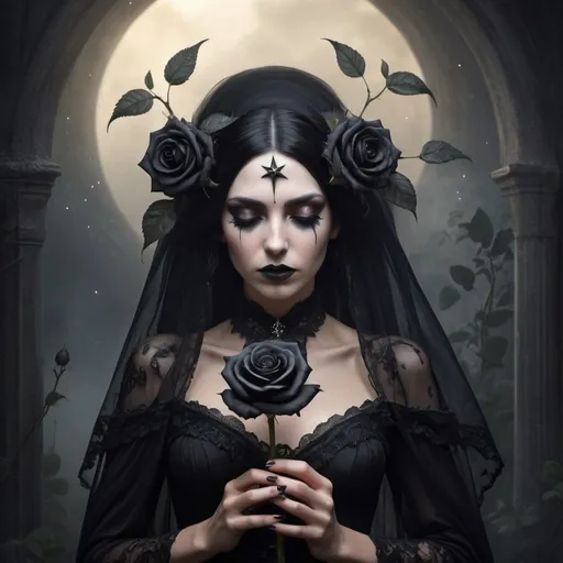 Prompt: A morning star widow holding a black rose of sorrow Inside a realm of her own thoughts and fantasy for exotic forplay fairdust and fairy and fire flies