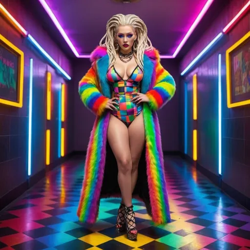 Prompt: Neon cyberpunk medusa microbraided blonde and rainbow hair revealing extra large cleavage full lips
with high heel shoes wearing a matching fur coat and enchanting revealing matching outfit exotic pose  and a matching rainbow checkered floor 
