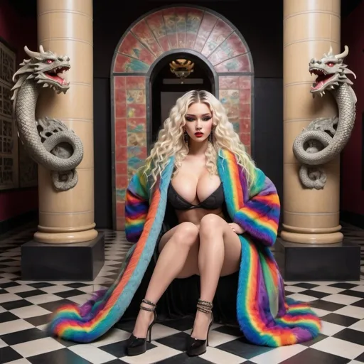 Prompt: microbraided blonde and rainbow hair revealing extra large cleavage full lips
with high heel shoes wearing a matching fur coat and checkered tiled floor with black tribal medusa statues  castle with a kimono dragon 
