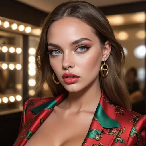 Prompt: Beautiful silicon rounded model perfect destinct face, vibrant natural colored eyes,with boldest designer outfit REVEALING very EXTRA LARGE CLEVAGE and full silicon lips designer gucci outfit 