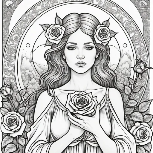 Prompt: Coloring page A morning star woman holding a rose of sorrow Inside a realm of her own thoughts 