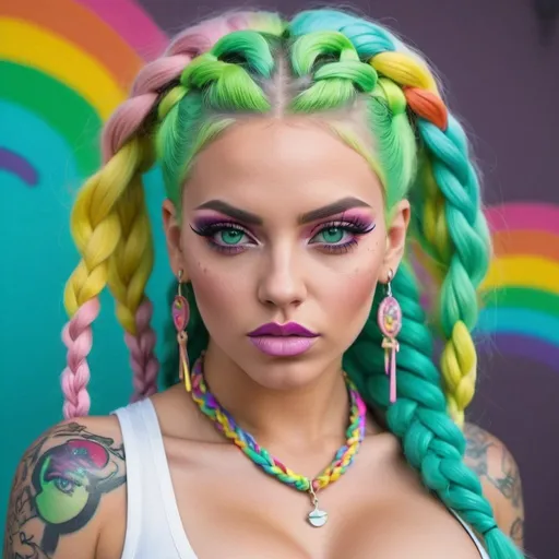 Prompt: Pastel graffiti gangster character green eyes revealing extra large cleavage with rainbow pastel microbraided hair and full lips designer unique loud makeup bold adorn sedusa dont mess with me