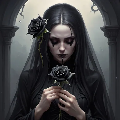 Prompt: A morning star widow holding a black rose of sorrow Inside a realm of her own thoughts 