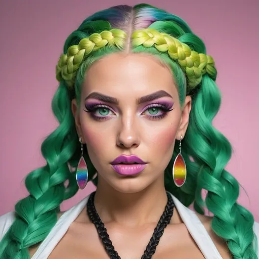 Prompt: gangster character green eyes revealing extra large cleavage with rainbow pastel microbraided hair and full lips designer unique loud makeup bold adorn sedusa path of a mothers universal revenge 