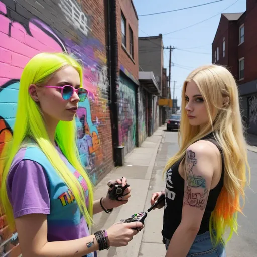 Prompt: graffitti blonde neon rainbow long hair the Chester cat and Alice playing grand theft auto