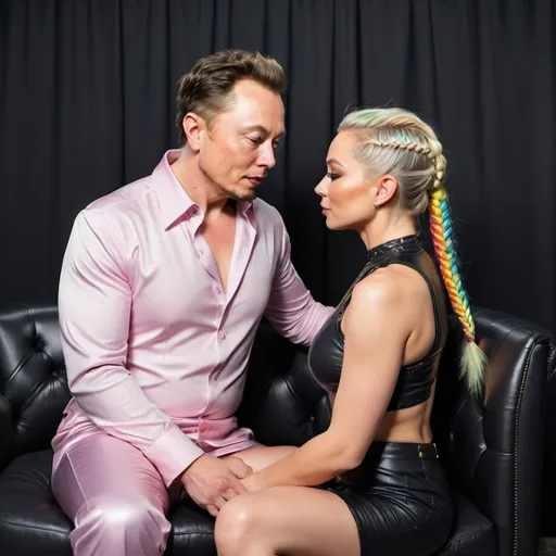 Prompt: Petite blonde female green eyes and rainbow pastel colored microbraided updo hairs with slim waste and wide rear sitting wearing 2 piece leather night wear on elon lap facing towards his face and. Round juicy rear end facing out straddling one leg on each side over his lap and kissing elon musk who is sitting in a black thrown with gold trim on it and techno themed