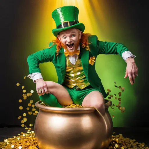 Prompt: A leprechaun exotic dancer popping out of a pot of gold 