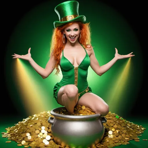Prompt: A beautiful female leprechaun exotic dancer popping out of a pot of gold 