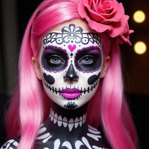 Prompt:  barbie with face art candy skull makeup and cosplay psycadelic and morbid 