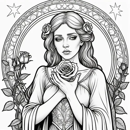 Prompt: Coloring page A morning star widow holding a  rose of sorrow Inside a realm of her own thoughts 