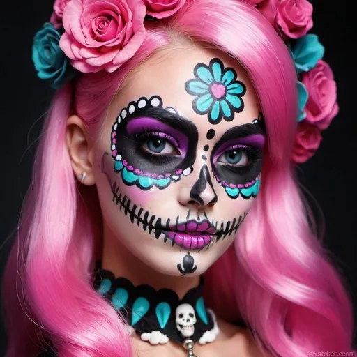 Prompt:  barbie with face art candy skull makeup and cosplay psycadelic and morbid 