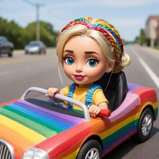 Prompt: A crayon car with a blonde rainbow microbraidrd hair female driving