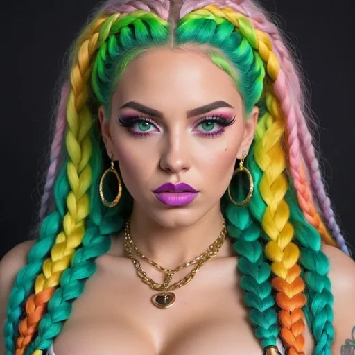 Prompt: gangster character green eyes revealing extra large cleavage with rainbow pastel microbraided hair and full lips designer unique loud makeup bold adorn sedusa love of a mothers universal revenge 