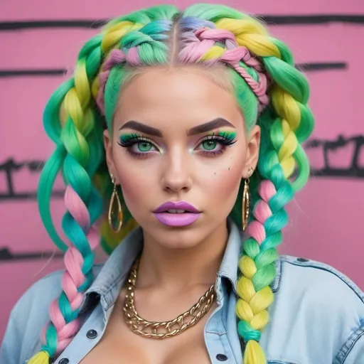 Prompt: Pastel graffiti gangster character green eyes revealing extra large cleavage with rainbow pastel microbraided hair and full lips designer unique loud makeup bold adorn