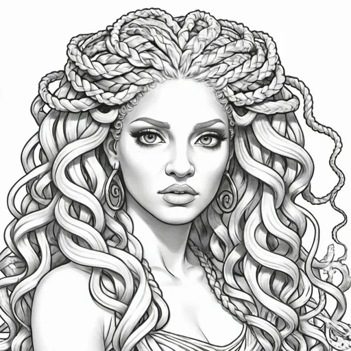 Prompt: Coloring page medusa microbraided blonde hair 