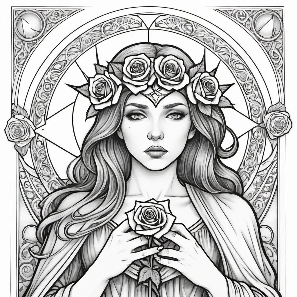 Prompt: Coloring page A morning star widow holding a rose of sorrow Inside a realm of her own thoughts 