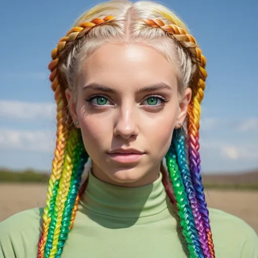 Prompt: Blonde female green eyes rainbow microbraided hair standing with an alien 