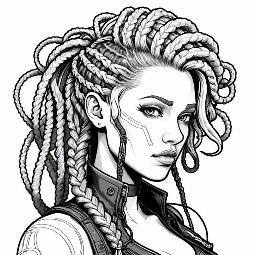 Prompt: Coloring page cyberpunk medusa microbraided blonde hair 