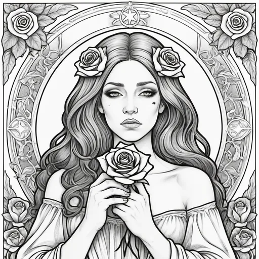 Prompt: Coloring page A morning star widow holding a  rose of sorrow Inside a realm of her own thoughts 