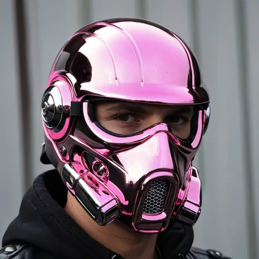 Prompt: Gangster pink chrome face helmet mask creative custom Cyber punk The perfect man riding a matching harley davidson custom helmets