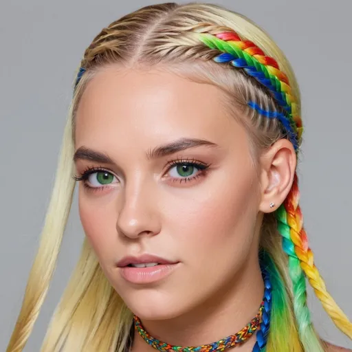 Prompt: A blonde female green eyes  rainbow micro braided hair wearing louis vutton