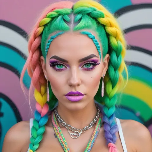 Prompt: Pastel graffiti gangster character green eyes revealing extra large cleavage with rainbow pastel microbraided hair and full lips designer unique loud makeup bold statement