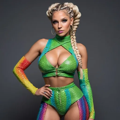 Prompt:  Blonde female green eyes  micro braided rainbow colored updo hair wearing matching outfit 2 piece revealing large cleavage with a reptilian outfit matching tight 