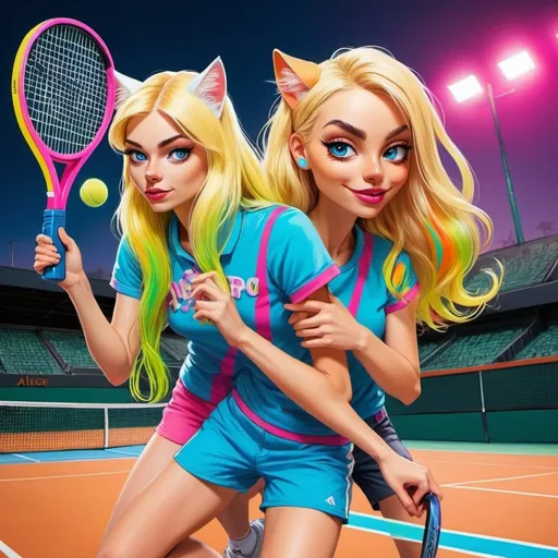 Prompt: Cartoon attitude  characture graffitti blonde neon rainbow long hair the Chester cat and Alice plating a game of tennis