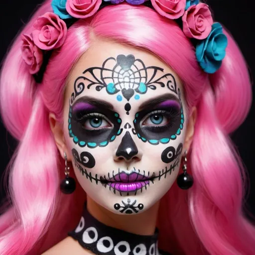 Prompt:  barbie with face art candy skull makeup and cosplay psycadelic and morbid 