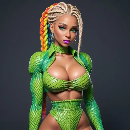 Prompt: Cartoon Blonde female green eyes  micro braided rainbow colored updo hair wearing matching outfit 2 piece revealing large cleavage with a reptilian outfit matching tight 
