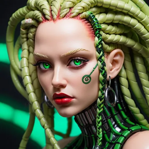 Prompt: Painted art cyberpunk medusa microbraided blonde hair green eyes red silicon lips close up face