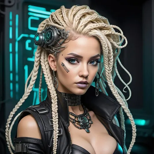 Prompt: Coloring page cyberpunk medusa microbraided blonde hair 