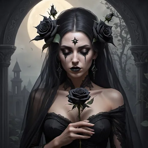 Prompt: A morning star widow holding a black rose of sorrow Inside a realm of her own thoughts and fantasy for exotic forplay