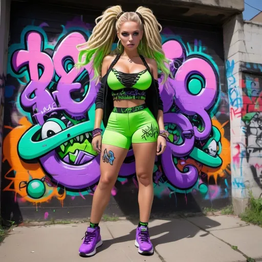 Prompt: A graffiti bomb blonde characture multicolored microbraided hair female with green eyes revealing extra large cleavage wearing tight multicolored neon purple neon green and black graffiti outfit and shoes holding an extraterrestrial 
