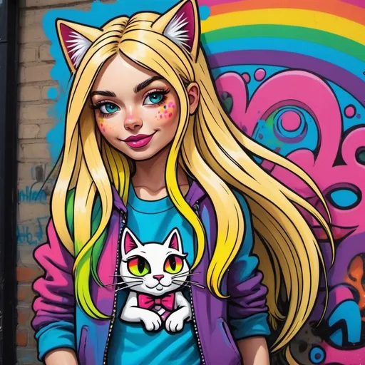 Prompt: Cartoon attitude  characture graffitti blonde neon rainbow long hair the Chester cat and Alice on acid 