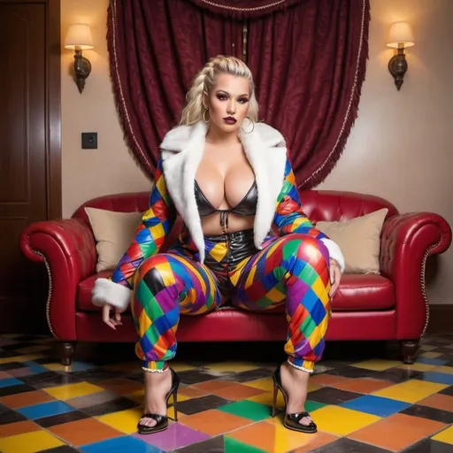 Prompt: microbraided blonde and rainbow hair revealing extra large cleavage full lips
with high heel shoes wearing a 2 piece leather pajamas with matching fur coat and checkered tiled floor multicolored 