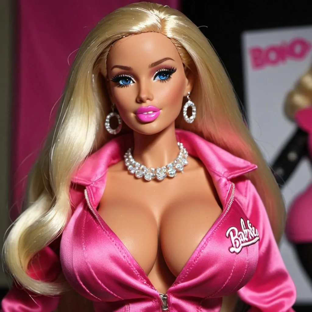 Prompt: Hip hop barbie designer revelaing extra large cleavage 