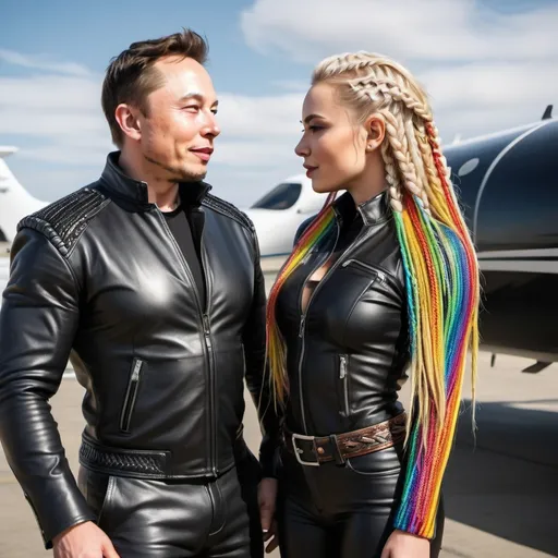 Prompt: Beautiful blonde with rainbow microbraided hair wearing matching leather designer revealing outfit and in love with Elon musk and both getting on his jet together 