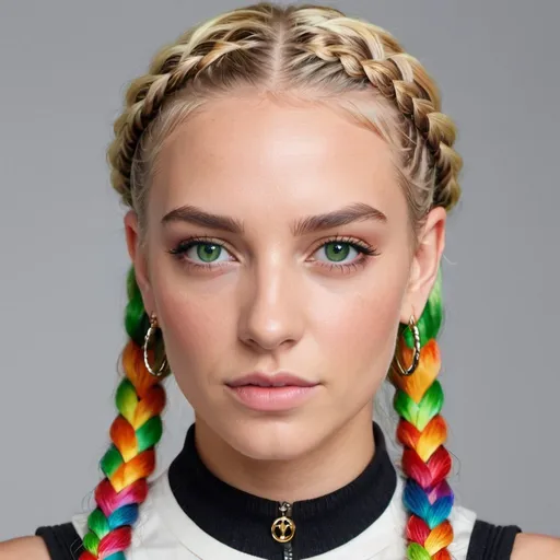 Prompt: A blonde female green eyes  rainbow micro braided hair wearing louis vutton