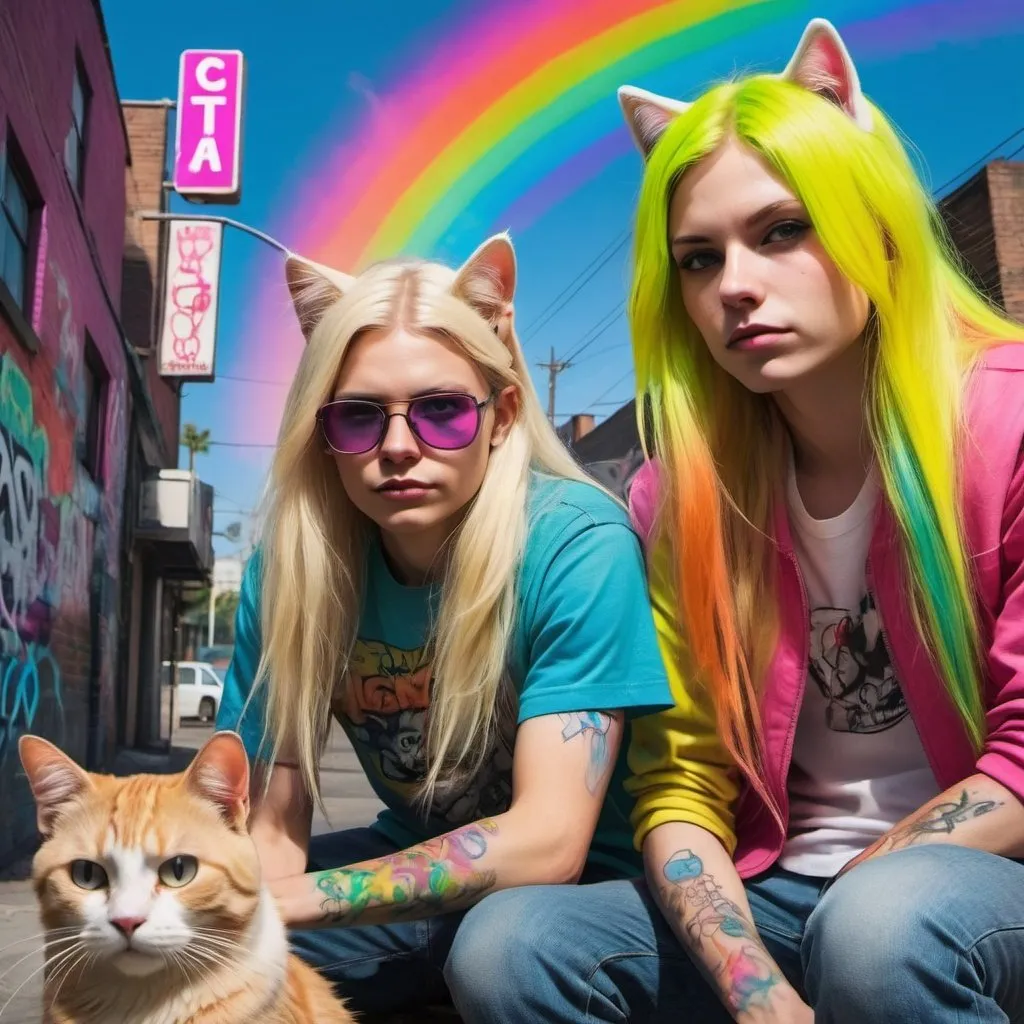 Prompt: graffitti blonde neon rainbow long hair the Chester cat and Alice playing grand theft auto